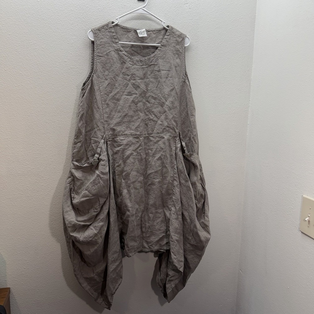 Match Point 100% Linen Asymmetric High Low Dress Lagenlook Oversized Sz S Tan
